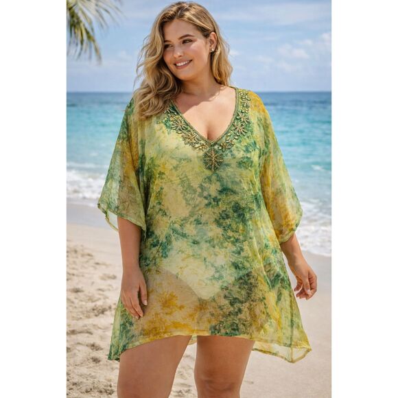 Aqua Blue Other - Aqua Blue Boho Sheer Beaded Swim Cover Up 2X Green Gold Tie Dye Resort Top